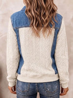 Women's Denim Patchwork Cable Knit Henley Sweater