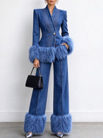 Women's Wide Leg Denim Pants With Faux Fur Hem