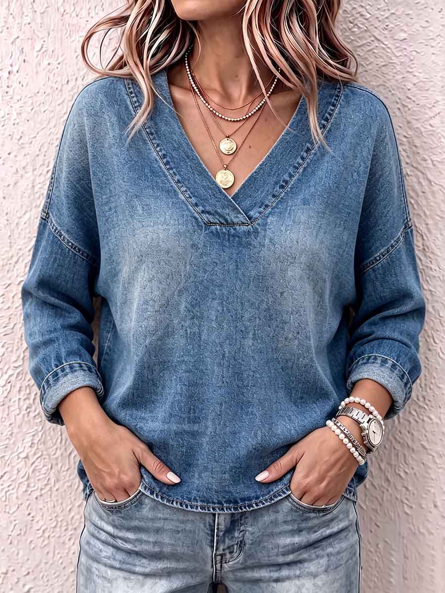 Women's V-neck Long-sleeved Casual Loose Denim Top