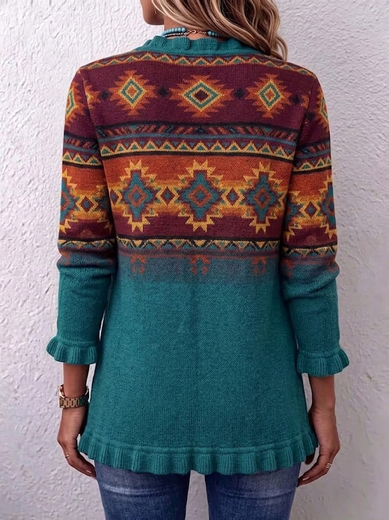 Southwestern Aztec Print Turquoise Ruffle Trim Knit Cardigan