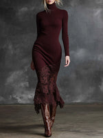 Elegant Ribbed Knit Midi Dress With Lace Paneling And High Neck