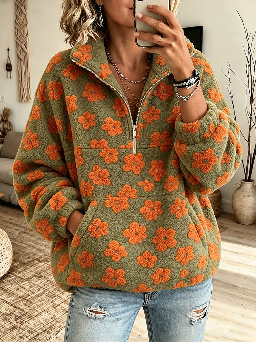 Casual Floral Half-zip Fleece Sweatshirt