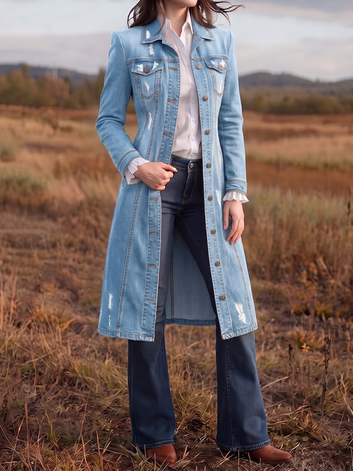 Western Distressed Longline Denim Coat