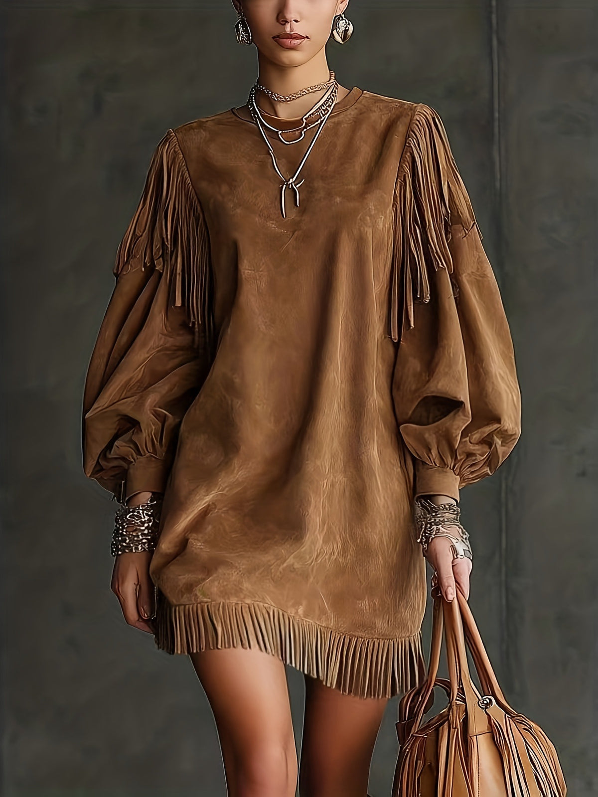 Western-style Brown Faux-suede Fringe Dress