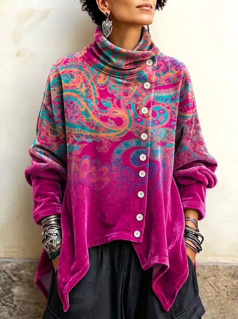 Vintage-style Paisley Print Velvet Long Top