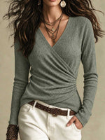 Women's Ribbed Knit Faux Wrap V-neck Ruched Long Sleeve Top
