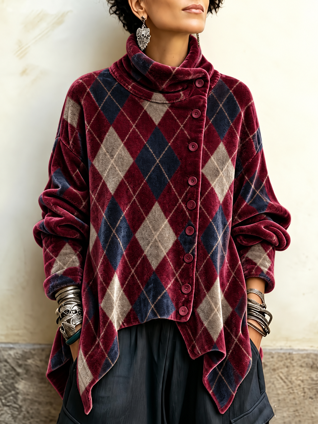 Vintage Burgundy Argyle Crushed Velvet Asymmetric Button Tunic with Funnel Neck