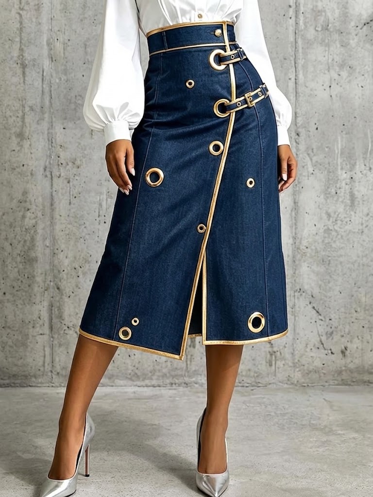 Chic And Refined Denim Midi Skirt With Gold Piping.