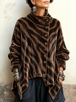 Mocha Brown Animal Stripe Crushed Velvet Asymmetric Button Tunic with Funnel Neck