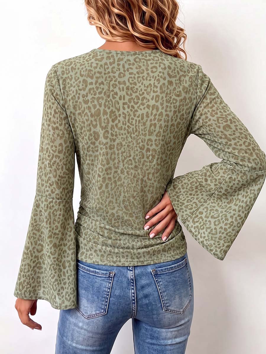 Women's Leopard Print V-neck Long Sleeve Casual Loose Stretch Top
