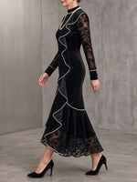 Chic Mock-Neck Velvet & Sheer Velvet Ruffle Midi Dress