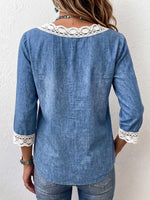 Women's V-neck 3/4 Sleeve Lace-trimmed Casual Loose Denim Top