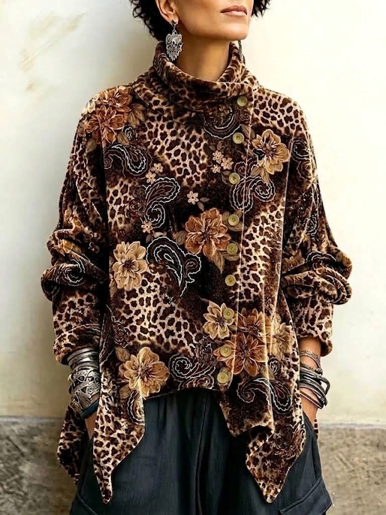 Leopard And Floral Print Velvet Asymmetric Button-front High-neck Top