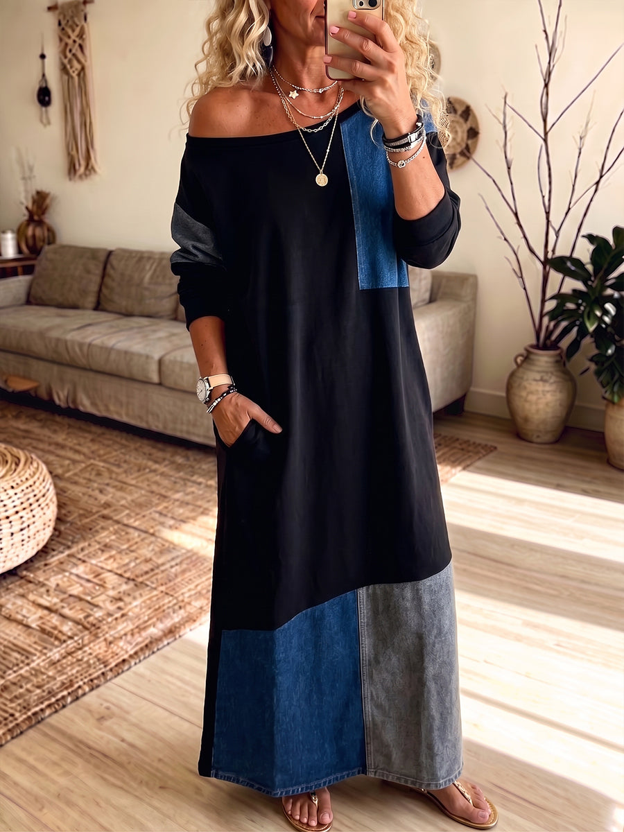 Chic Denim Patchwork Off-Shoulder Maxi Dress