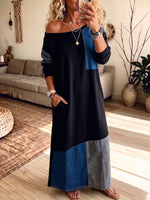 Chic Denim Patchwork Off-Shoulder Maxi Dress
