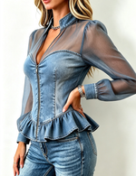 Sexy Chic Party Denim Mesh Peplum Top