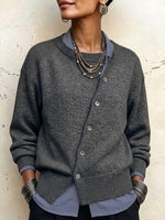 Asymmetric Button-fastening Irregular-design Crew-neck Knit Jacket