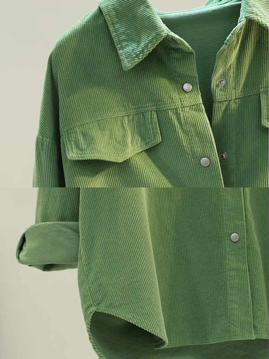 Casual Loose-fit Green Corduroy Shirt