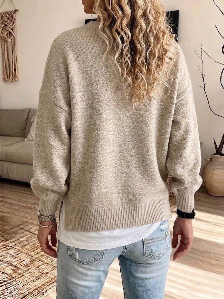 Loose-fit Knit Sweater With A Round Neck, Lantern Sleeves, And Side Slits