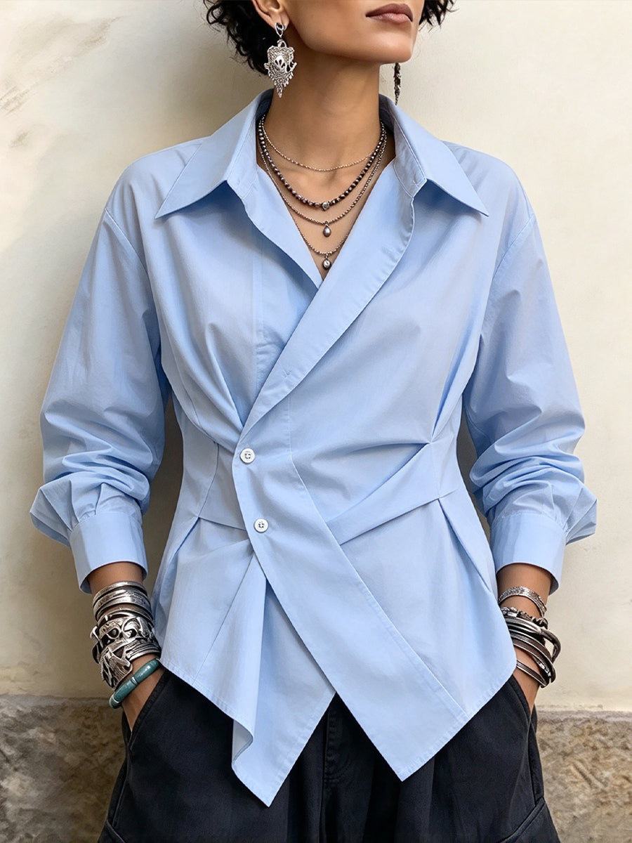 Chic Asymmetric Wrap-style Cotton Shirt