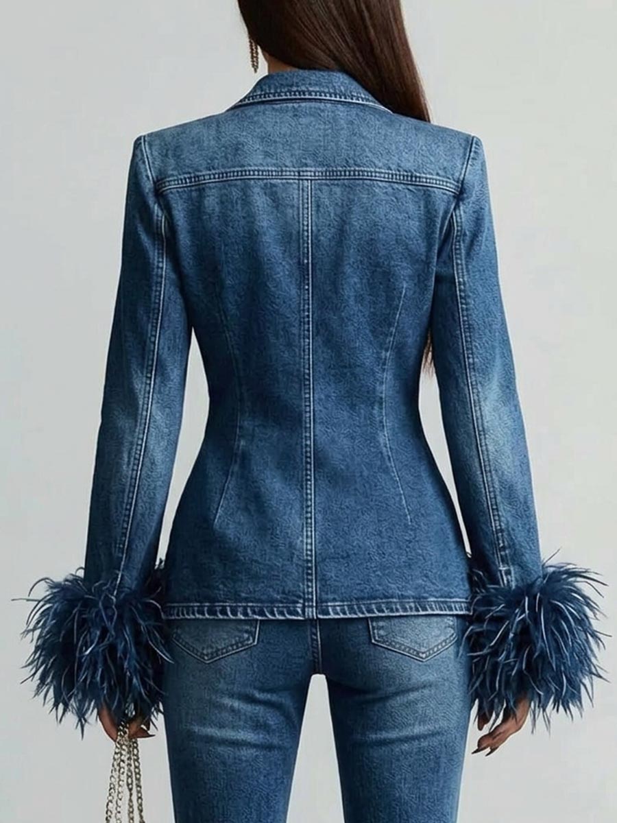 Women's Tailored Denim Blazer Jacket with Feather Trim Cuffs