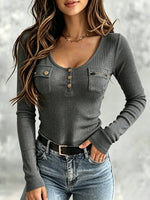 Chic U-neck Ribbed Knit Long-sleeve Top