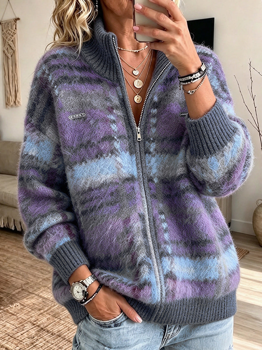 Checkered Plush Mohair-blend Zip-up Cardigan