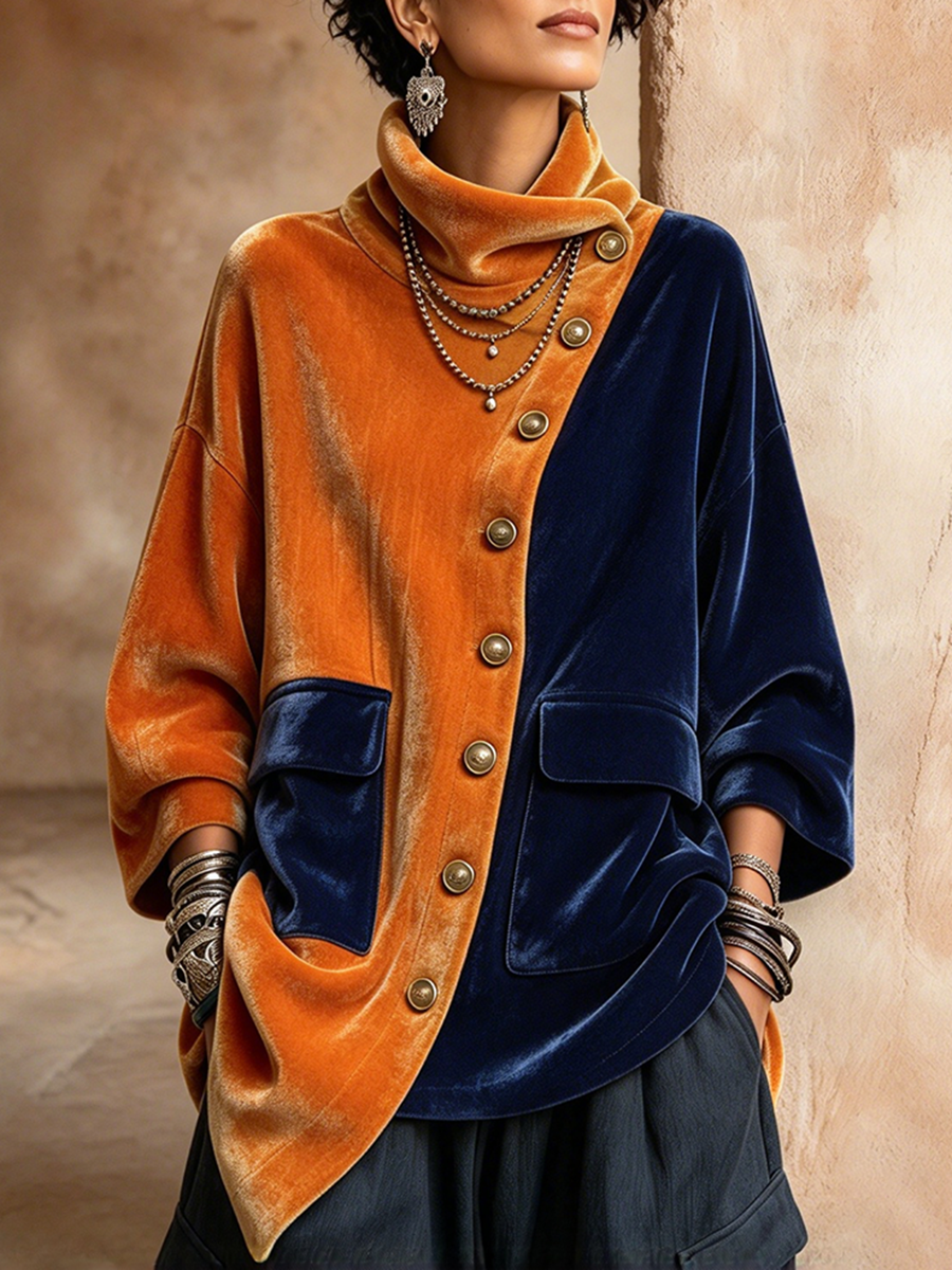 Bohemian Color-block Asymmetric Velvet Top