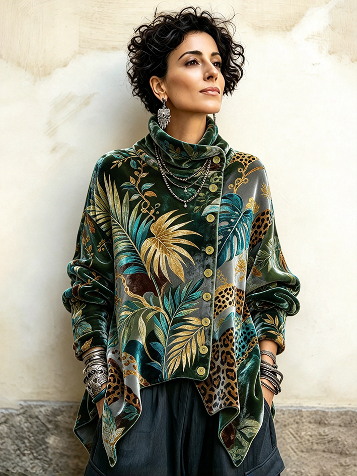 Chic Tropical Palm And Leopard Print Asymmetrical Turtleneck Top