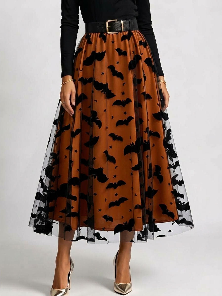 Polyester Women's High-waisted Casual Loose Halloween-themed Flocked Print Mesh A-line Skirt