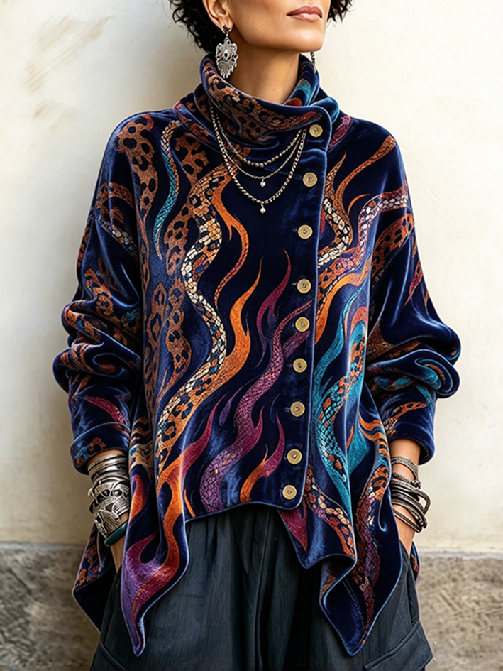 Vintage Abstract Flame And Animal Print Asymmetrical Turtleneck Top