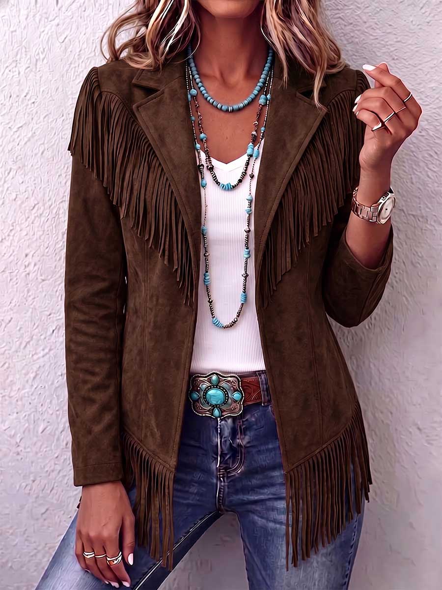Women's Solid Color Lapel Long-sleeved Casual Loose Tassel Jacket