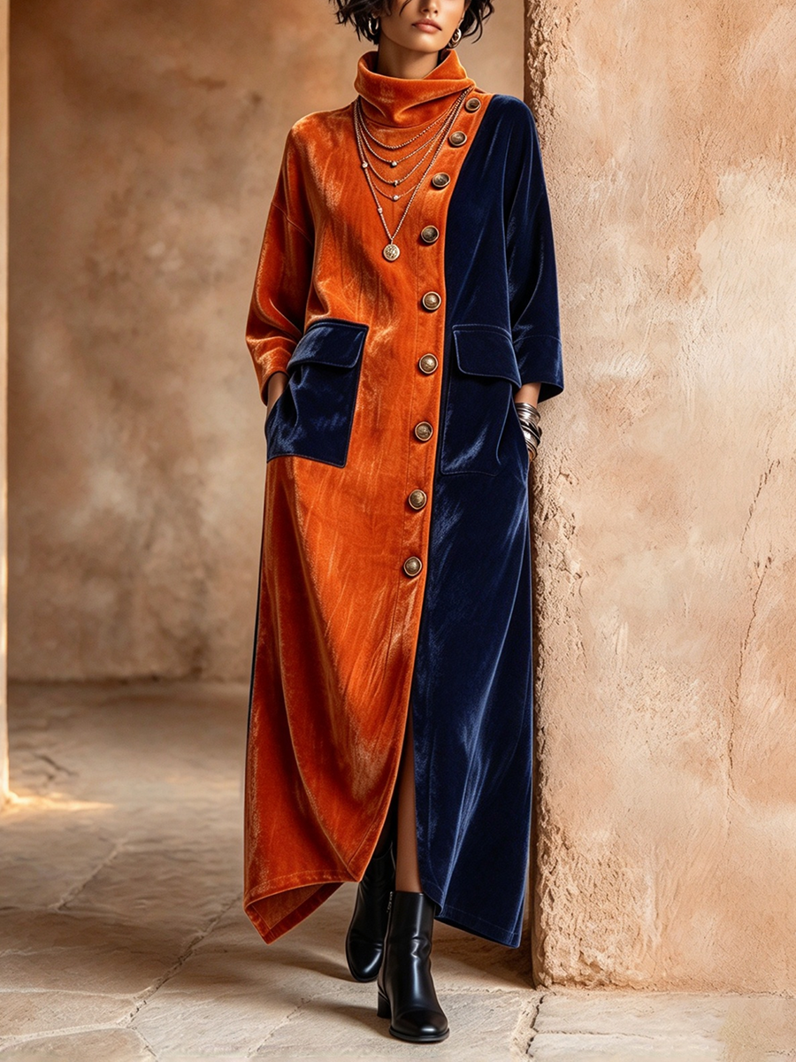 Artistic Color-blocking Asymmetric Velvet Maxi Dress