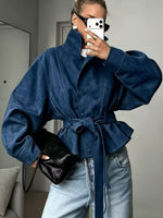 Women's Solid-color Stand-collar Long-sleeve Casual Loose Faux Suede Jacket With Waist-cinching Detail