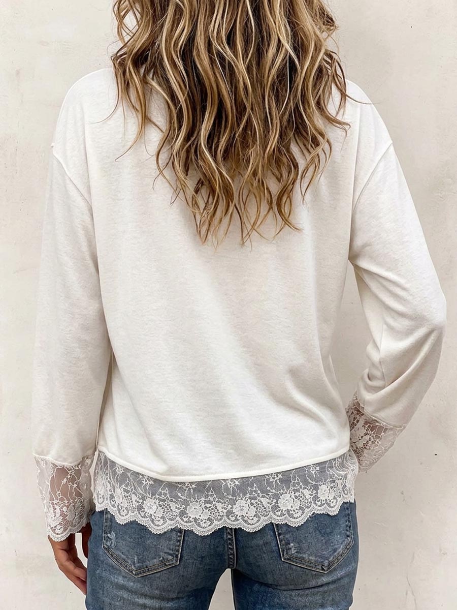 Women's Casual Crewneck Long Sleeve Sweatshirt With Lace Trim