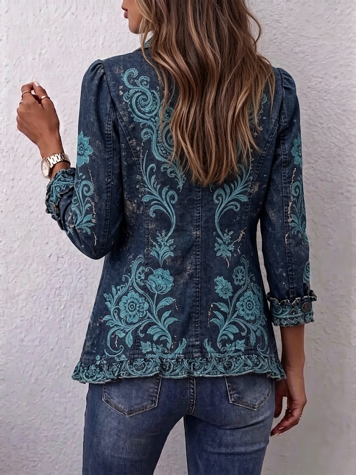 Boho-style Vintage-print Ruffled Jacket