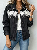 Chic Casual Denim Jacket With 3d Floral Appliqué And Tassels