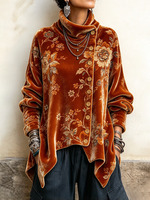 Elegant Floral Print Asymmetric Velvet Top
