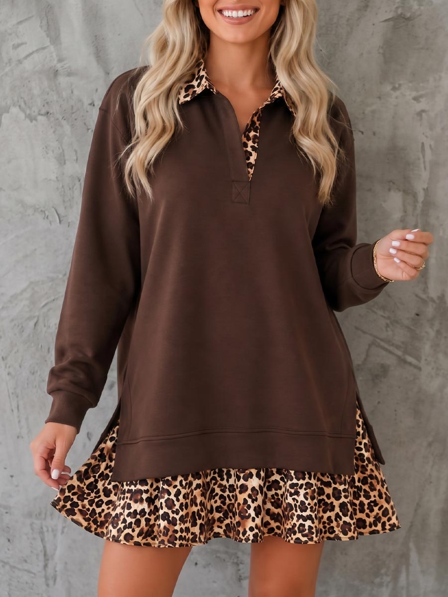 Women's Casual Loose-fit Sweatshirt Dress With Collar, Long Sleeves, And Leopard Print Paneling
