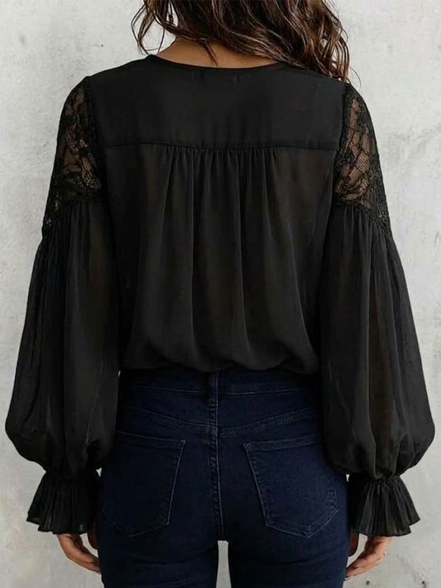 Pleated Shirt With Lace Inserts And Puff Sleeves