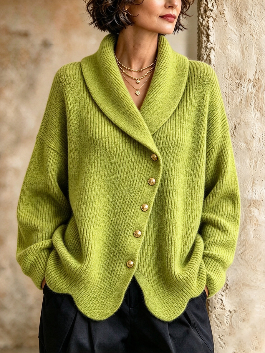 Chic Shawl Collar Sweater With Wavy Hem