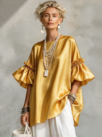 Chic Luxurious Golden Satin Ruffled Flared Sleeve Top