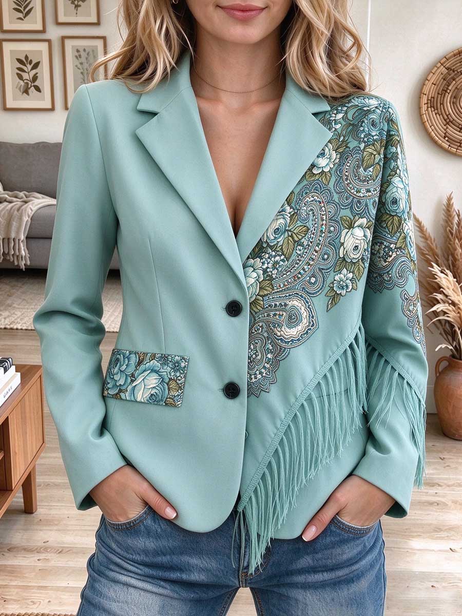 Women's Asymmetrical Floral Embroidered Fringe Blazer