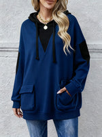 Cozy Color-Blocked V-Neck Hooded Sweatshirt