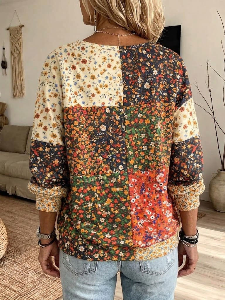 Halloween Floral Pumpkin Patchwork Crewneck Sweatshirt