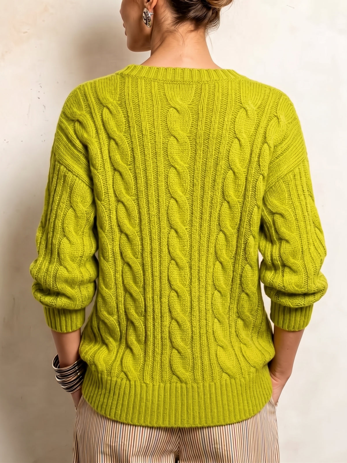 Chic Fringe Cable-Knit V-Neck Sweater