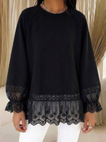 Casual Loose Sweatshirt With Lace Paneling