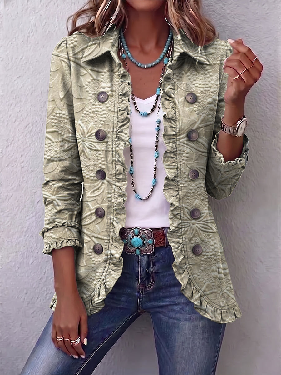 Bohemian Vintage-style Floral Embossed Print Ruffled Linen-cotton Jacket