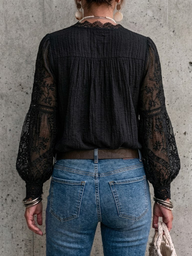 V-Neck Lace Panel Lantern Sleeve Chiffon Blouse