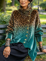 Chic Gradient Leopard Print Velvet Asymmetric Velvet Top